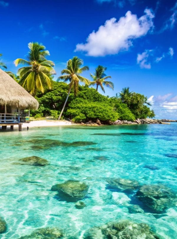 Tropical beach with a thatched hut, clear blue water, and palm trees.